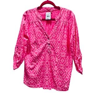 Fresh Produce Shibori Henley Top Shirt Pink Tie Dye Roll Tab Sleeve XL